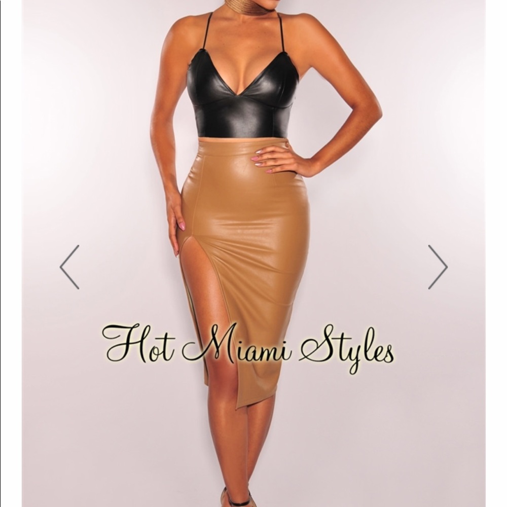 Faux Leather Midi Skirt with Slit NWT